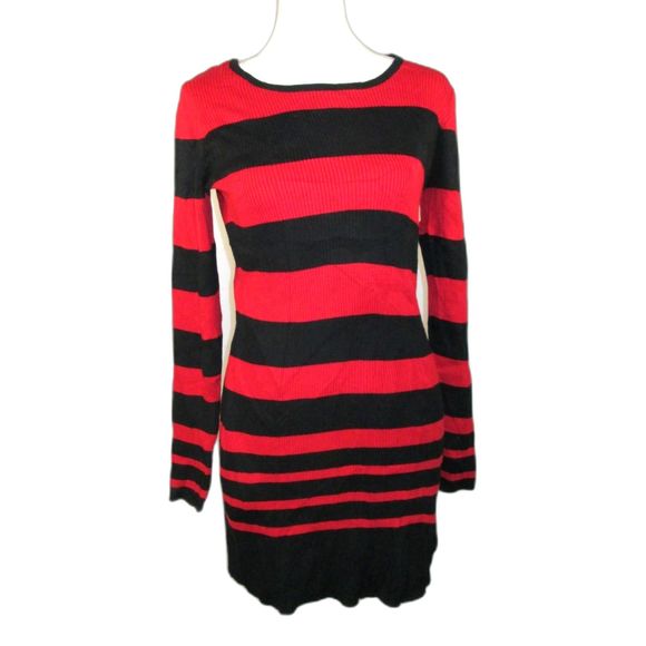 AGB Sweater Dress S Black Red Stripe Pencil Crew Neck Cotton Rayon Blend (RK115) - Picture 1 of 10